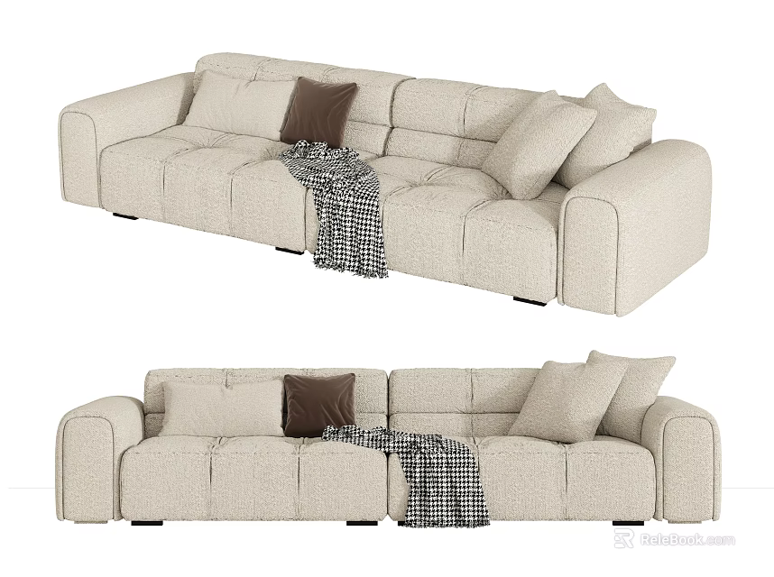 Modern Beige Sectional Sofa with Throw Pillows and Plaid Blanket for Living Room 3d model 