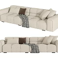 Modern Beige Sectional Sofa with Throw Pillows and Plaid Blanket for Living Room