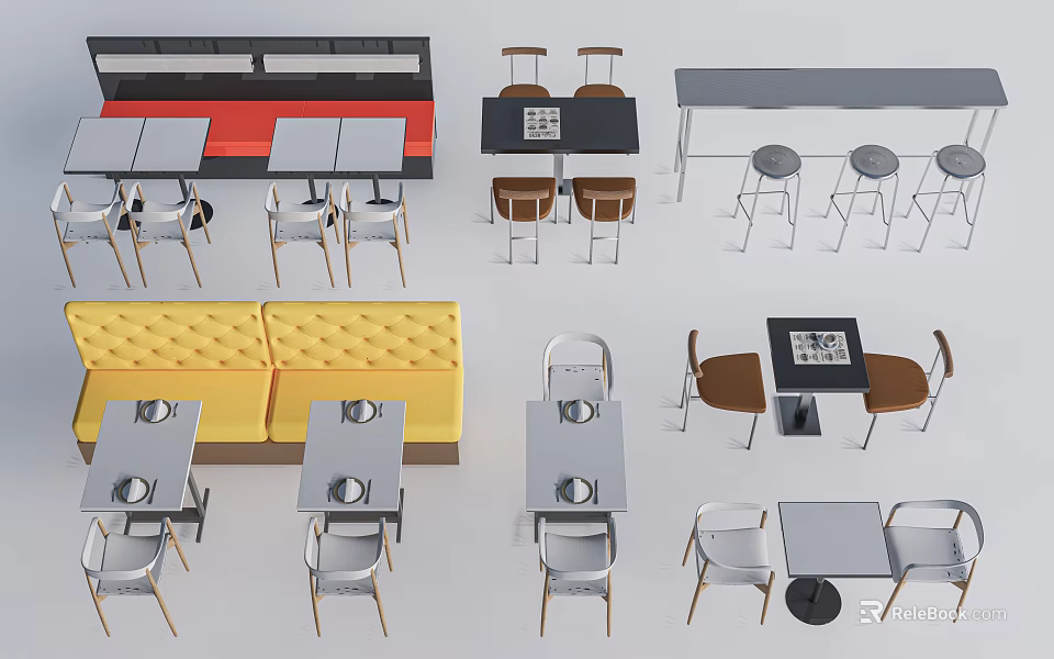 Various Modern Dining Tables With Different Chairs And Sofa Seating Options 3d model
