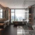 Modern Luxury Bathroom Interior With Marble Walls Glass Shower Bathtub Vanity And City View