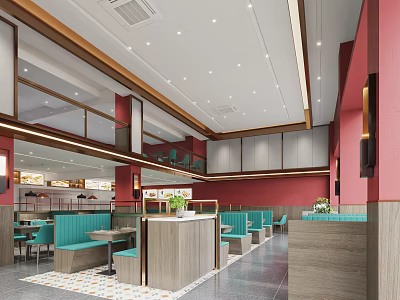 Modern Restaurant Interior With Red Walls Blue Booths And Wooden Partitions In Open Dining Layout 3d model