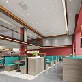 Modern Restaurant Interior With Red Walls Blue Booths And Wooden Partitions In Open Dining Layout