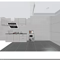 Kitchen Interior With Wine Bottles And Glasses On Metal Shelf Alongside White Cabinets And Appliances