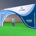 Blue White Arched Conference Entrance With Welcome Text Logo And Green Grass