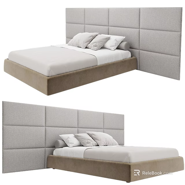 Double Bed With Beige Frame Gray Upholstered Headboard Wall White Sheets And Pillows 3d model 