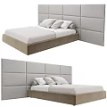 Double Bed With Beige Frame Gray Upholstered Headboard Wall White Sheets And Pillows