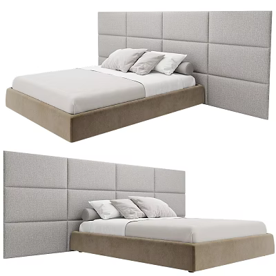 Double Bed With Beige Frame Gray Upholstered Headboard Wall White Sheets And Pillows 3d model