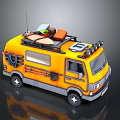 Daily Living Necessities On Yellow Van Roof With Surfboards And Flame Decals