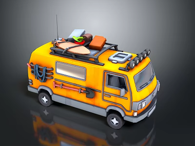 Daily Living Necessities On Yellow Van Roof With Surfboards And Flame Decals 3d model
