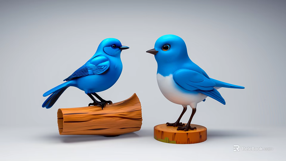 Two Blue Birds Perched On Wooden Log And Wooden Base Against Light Gray Background 3d model 