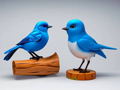 Two Blue Birds Perched On Wooden Log And Wooden Base Against Light Gray Background 3d model
