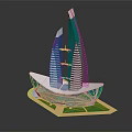 Cartoon Style Building Model with Blue Towers Ship Shaped Base Green Grass and Yellow Border