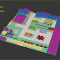 3D Garden Layout Design With Green Trees Buildings Water Feature And Pathways