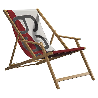 Wooden Frame Deck Chair With Red And White Patterned Fabric Backrest And Seat 3d model