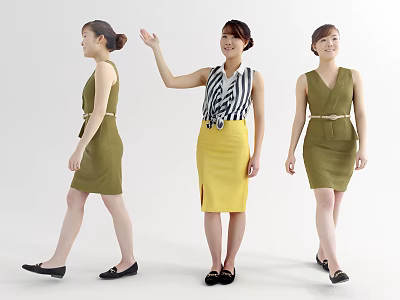 Three women in different poses wearing green dresses yellow skirt striped top and black shoes 3d model