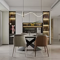 Modern Dining Living Room Interior With Linear Pendant Lights Beige Brown Chairs And Decorative Cabinetry