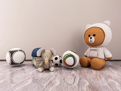 Cute Stuffed Bear Doll With Elephant Toy And Colorful Soccer Balls On Floor 3d model