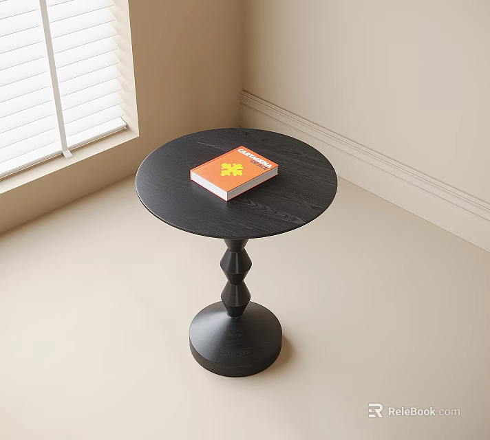 Black Round Top Side Table With Unique Base Design In Room Corner And Book 3d model 