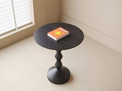 Black Round Top Side Table With Unique Base Design In Room Corner And Book 3d model