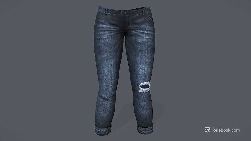 Trendy Slim Fit Dark Blue Jeans With Distressed Knees And Cuffed Ankles 3d model 