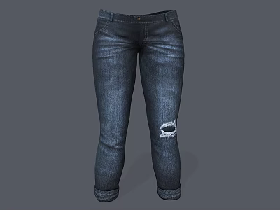 Trendy Slim Fit Dark Blue Jeans With Distressed Knees And Cuffed Ankles 3d model