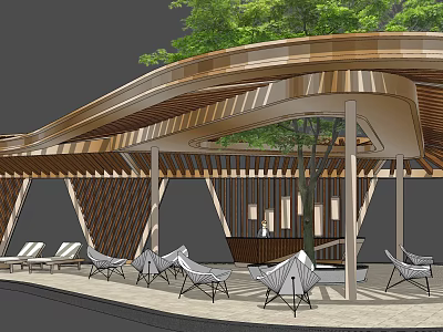 Modern Wooden Pergola With Curved Roof Structure Outdoor Seating And Hanging Lights 3d model