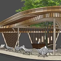 Modern Wooden Pergola With Curved Roof Structure Outdoor Seating And Hanging Lights