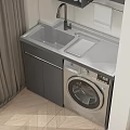 Home Balcony Interior With Dark Gray Cabinets Washing Machine Faucet Sink And Curtains