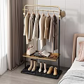 Stylish Clothes Rack With Hanging Neutral Tones Clothes Handbag Scarves Gloves And Boots In Bedroom