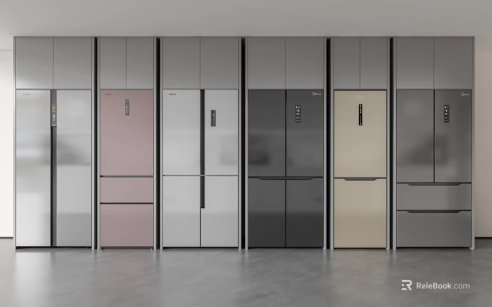 Modern Fridge Freezers With Various Colors And Styles Displayed In Kitchen Appliance Showroom 3d model 