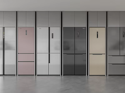 Modern Fridge Freezers With Various Colors And Styles Displayed In Kitchen Appliance Showroom 3d model