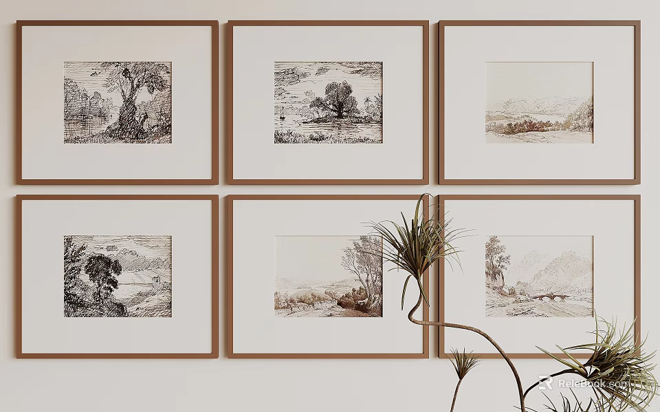Framed Abstract Paintings Hanging On Wall With Brown Borders And Green Plant 3d model 