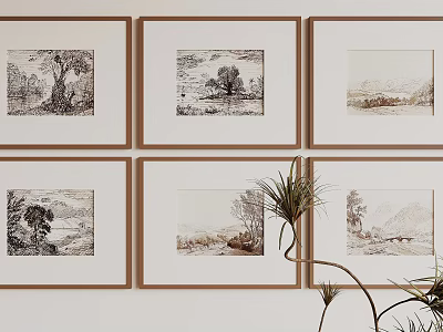 Framed Abstract Paintings Hanging On Wall With Brown Borders And Green Plant 3d model
