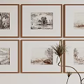 Framed Abstract Paintings Hanging On Wall With Brown Borders And Green Plant