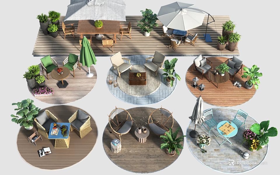 Outdoor Table Designs With Chairs Umbrellas And Lush Plants On Wooden Deck 3d model 