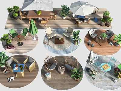 Outdoor Table Designs With Chairs Umbrellas And Lush Plants On Wooden Deck 3d model