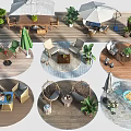 Outdoor Table Designs With Chairs Umbrellas And Lush Plants On Wooden Deck