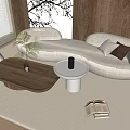 Modern Beige Curved Sofa and Wooden Coffee Table with Plant Rug and Wall Art in Lounge Area