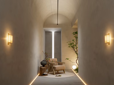 Relaxation Area In Arched Corridor With Light Colored Walls Wall Lamps Wooden Chair Green Plant 3d model