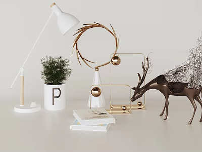 Decorative Ornaments Set With White Table Lamp Golden Circular Decoration Deer Figurine And Green Plant 3d model