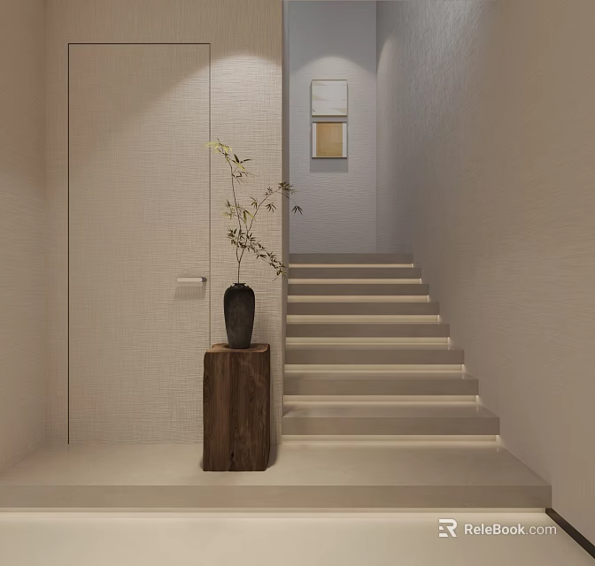 Modern Minimalist Staircase Interior With White Walls Wooden Plant Stand Green Plant And Hanging Artworks 3d model 