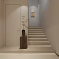 Modern Minimalist Staircase Interior With White Walls Wooden Plant Stand Green Plant And Hanging Artworks