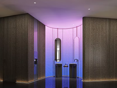 Luxury Modern Bathroom with Wooden Walls Blue Purple Lighting Double Vanities And Glass Partition 3d model