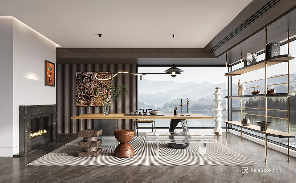 Modern Tea Room Interior With Wooden Table Teaware Pendant Lights And Mountain View 3d model 