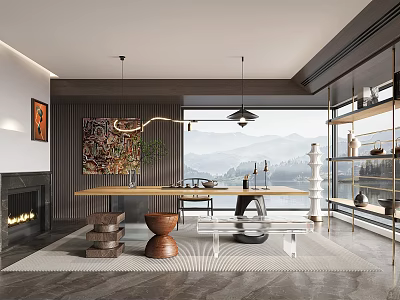 Modern Tea Room Interior With Wooden Table Teaware Pendant Lights And Mountain View 3d model