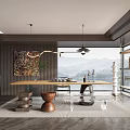 Modern Tea Room Interior With Wooden Table Teaware Pendant Lights And Mountain View