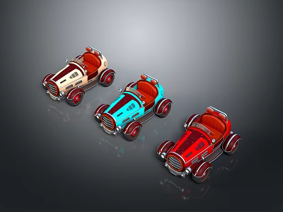 Vintage Style Toy Cars In Beige Blue Red With Red Seats And Wheels 3d model
