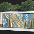 Textured Landscape Feature Wall With Blue Gold Brown Wave Design Green Grass And Trees