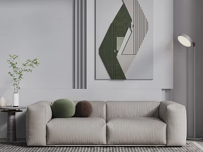 Modern Double Sofa in Neutral Tone with Geometric Wall Art Green Plant and Throw Pillows 3d model