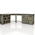 Vintage L Shaped Wooden Furniture With Open Shelves And Colorful Drawers